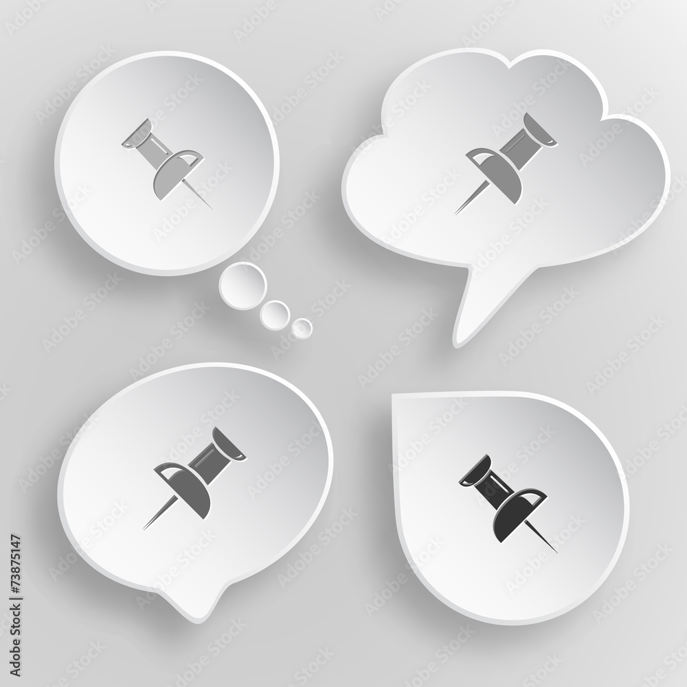 Push pin. White flat vector buttons on gray background.