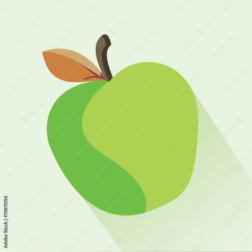 green apple with the orange leaf. long shadow green apple with the orange leaf. long shadow
