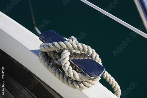 rope tied on stainless steel sail boat cleat
