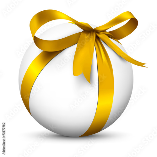 Tableau sur toile Kugel, Geschenk, Weihnachtskugel, weiße Kugel, Geschenkschleife