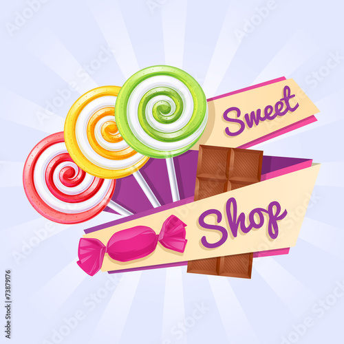 Sweet shop poster with candies and chocolate bar.