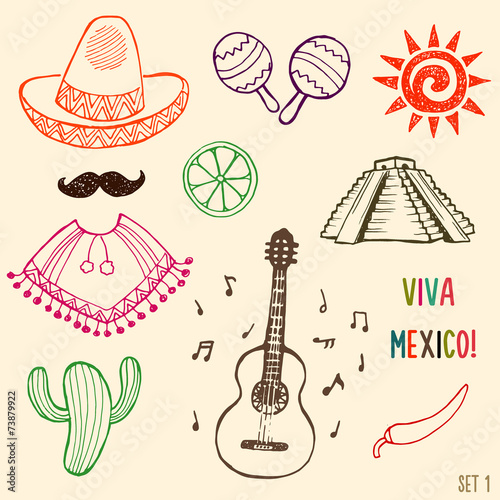 Hand drawn Mexico simbols set