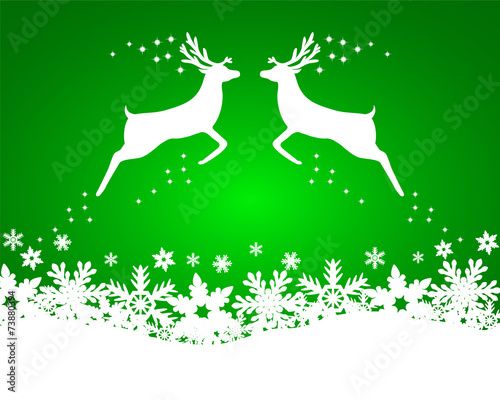 Reindeer with stars, snowflakes and glitter on a green backgroun
