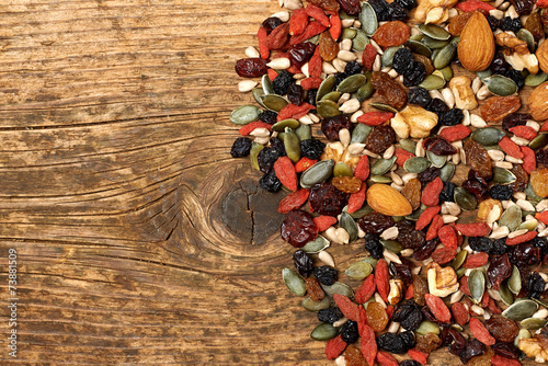 mix nuts seeds and dry fruits, on a wooden table