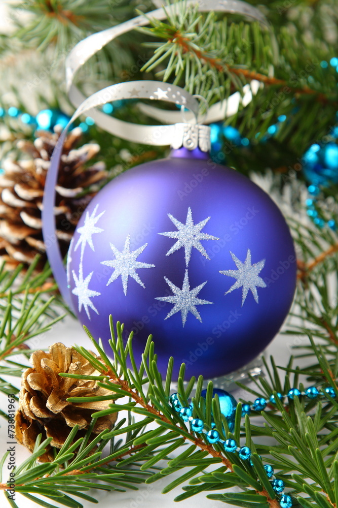 Christmas composition with blue ball and decoration