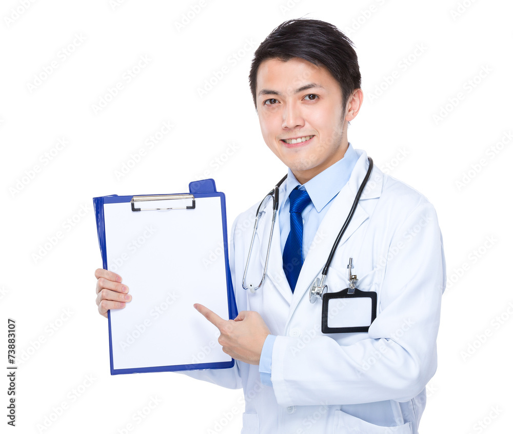 Doctor finger point to clipboard with white paper Doctor finger point to clipboard with white paper