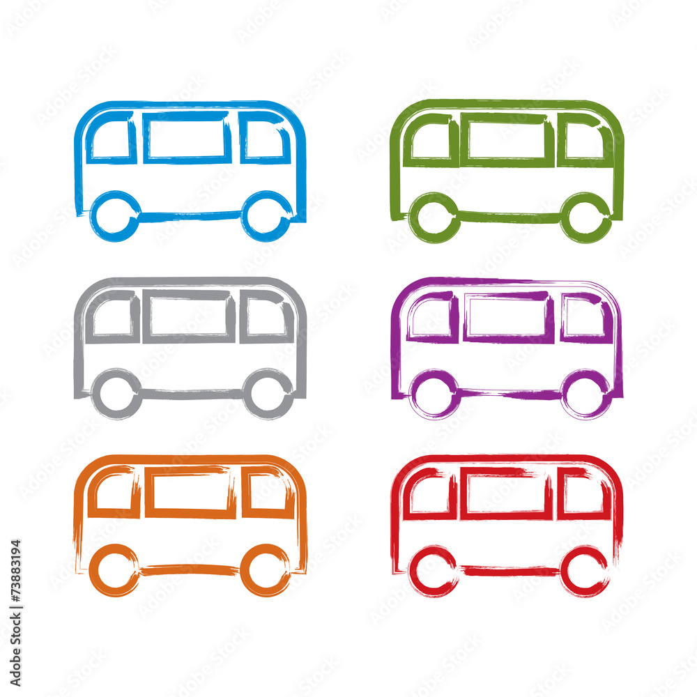 Set of hand-drawn colorful bus icons, collection of illustrated