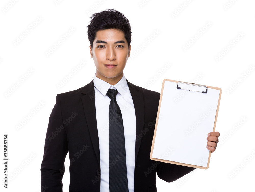 Businessman show with blank paper of clipboard Businessman show with blank paper of clipboard
