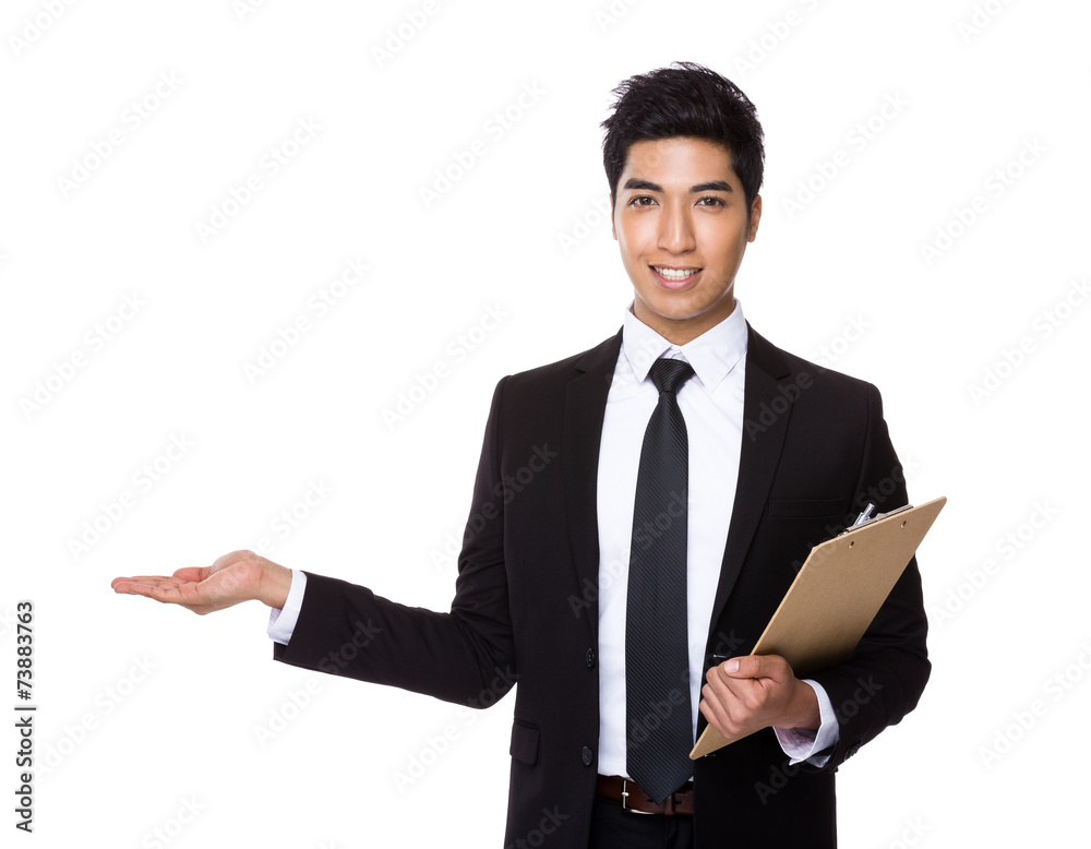 Businessman with clipboard and open hand palm Businessman with clipboard and open hand palm