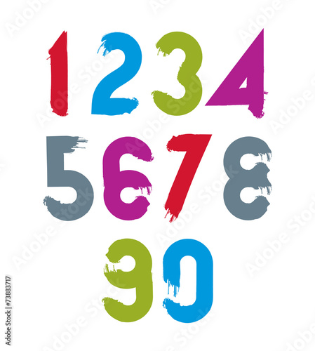Calligraphic numbers drawn with ink brush, colorful vector numbe