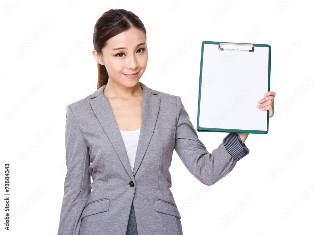 Businesswoman show with whtie paper of clipboard Businesswoman show with whtie paper of clipboard