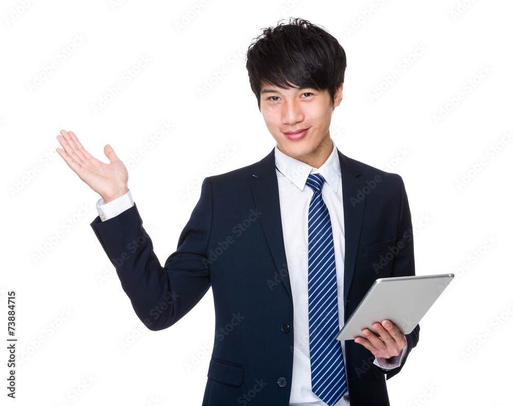 Businessman hold with tablet and open hand palm Businessman hold with tablet and open hand palm
