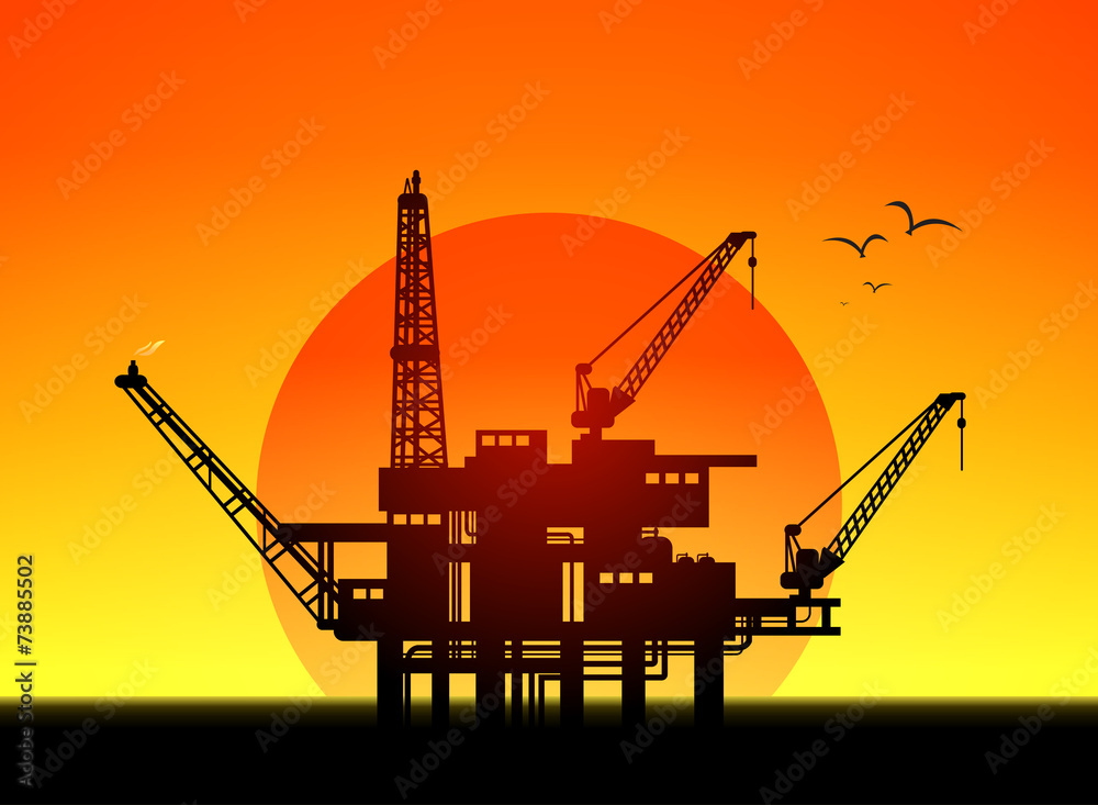 Illustration of oil platform on sea and sunset in background