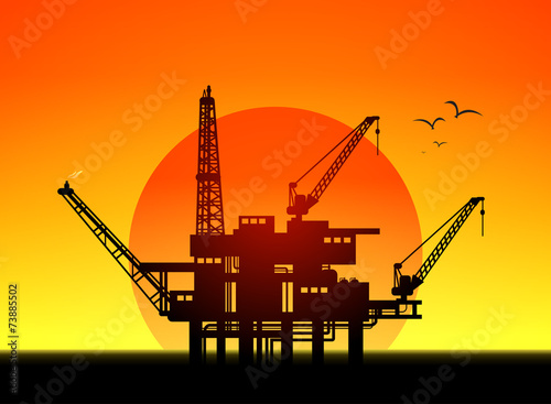 Illustration of oil platform on sea and sunset in background