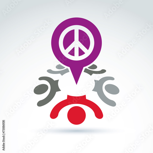 People chat on harmony idea.  Conceptual  antiwar sign from 60th