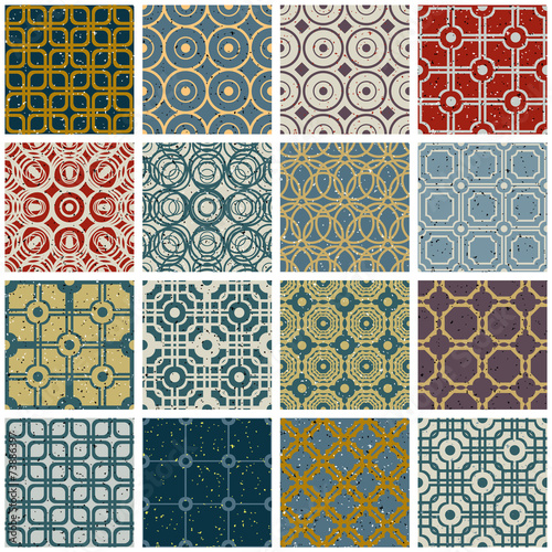Vintage tiles with grunge textures seamless patterns set.
