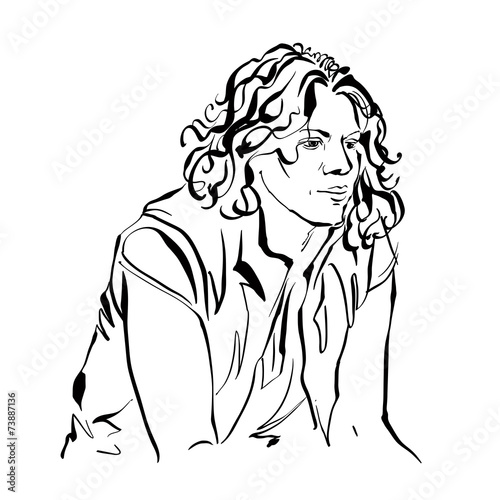 Monochrome hand drawn illustration of a woman, serious girl.
