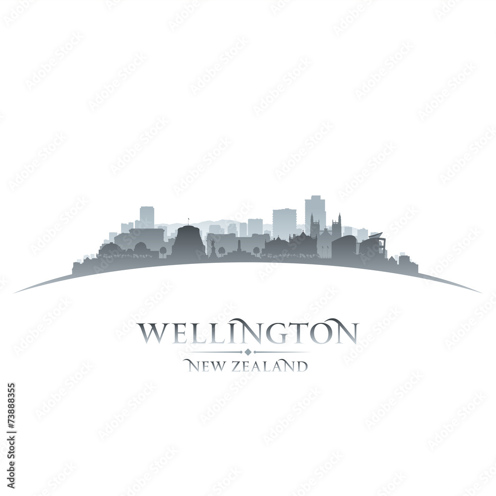 Wellington New Zealand city skyline silhouette white background