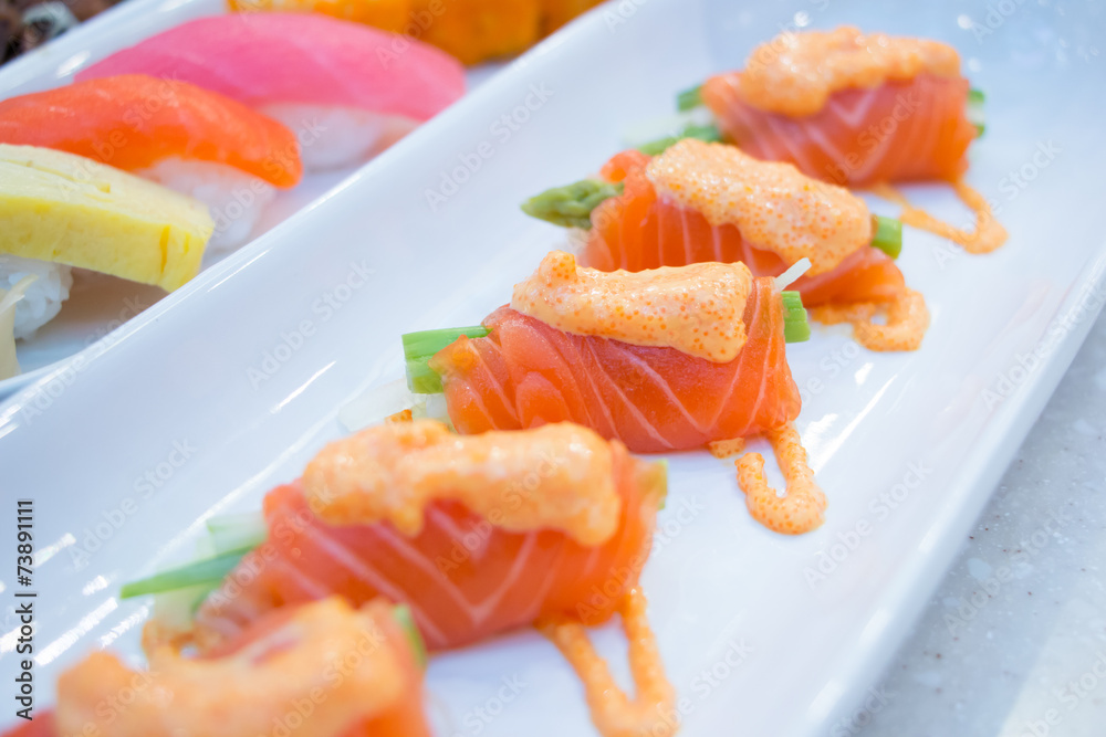 roll with salmon and shrimp eggs - tradition japan roll with salmon and shrimp eggs - tradition japan