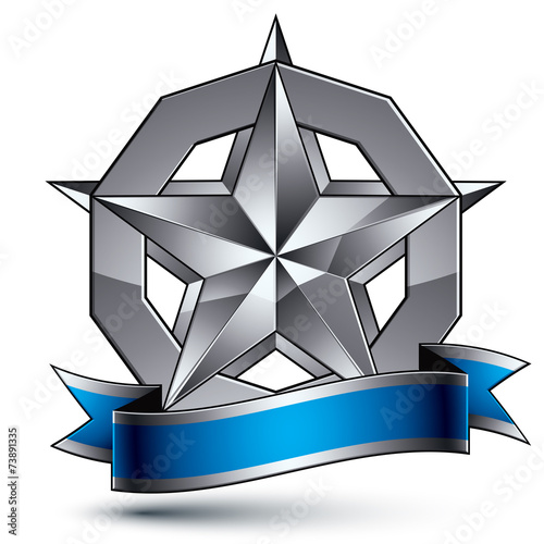 Sophisticated vector emblem with silver glossy star and blue wav