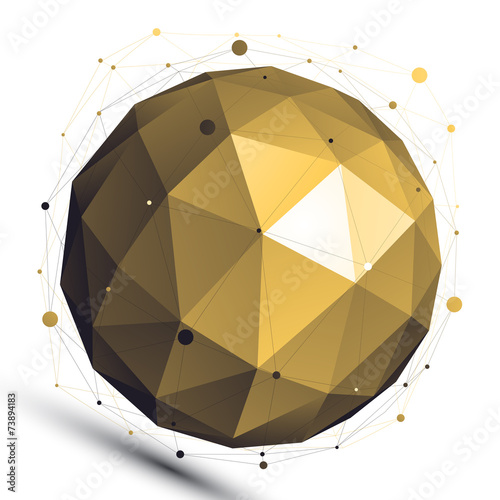 Gold abstract 3D vector network object, art spherical glossy fig