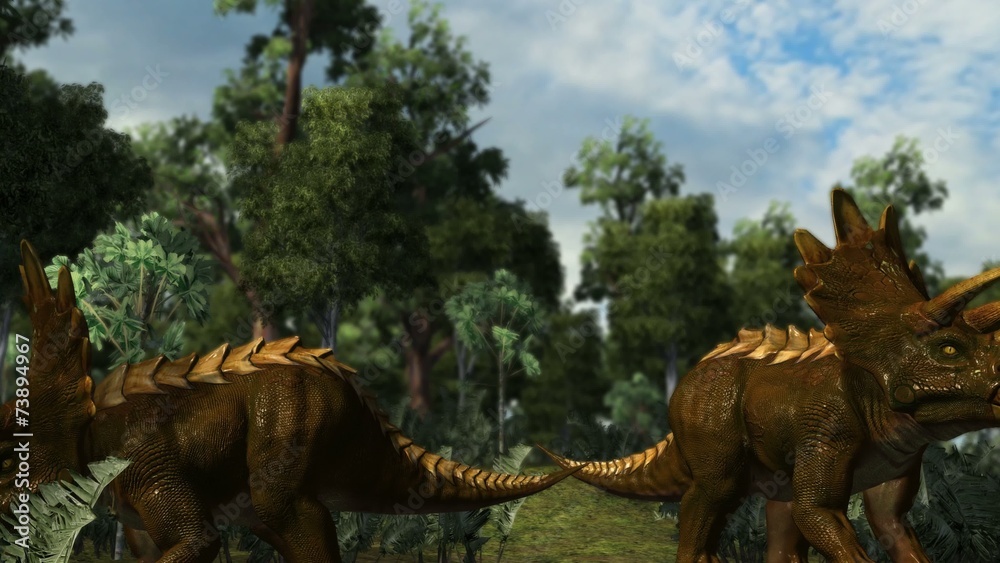Dinosaur Triceratops in a prehistoric scene - dolly shot Dinosaur Triceratops in a prehistoric scene - dolly shot