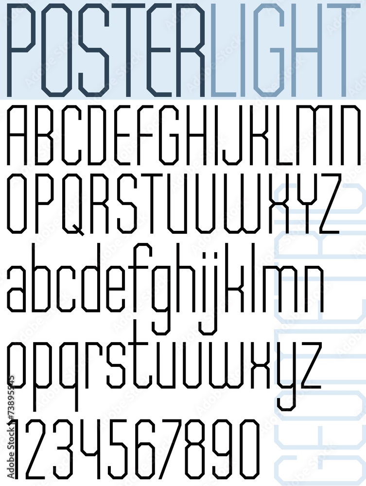 Obraz premium Poster narrow black font and numbers, light geometric letters.