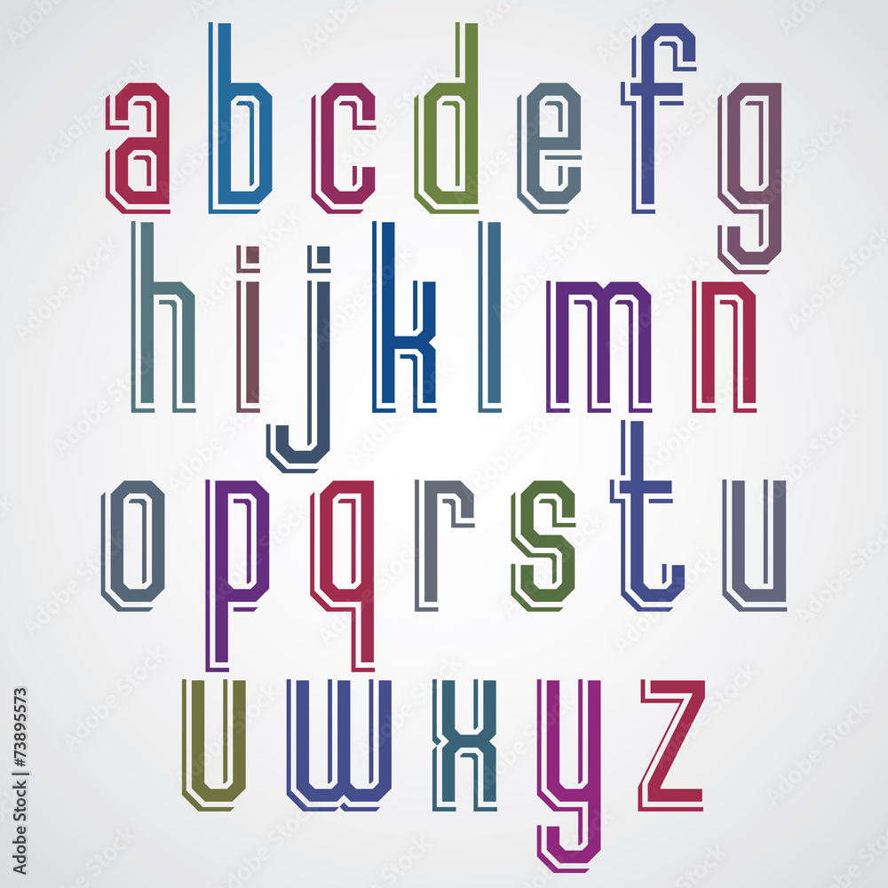 Vector geometric alphabet, condensed font in retro poster style.