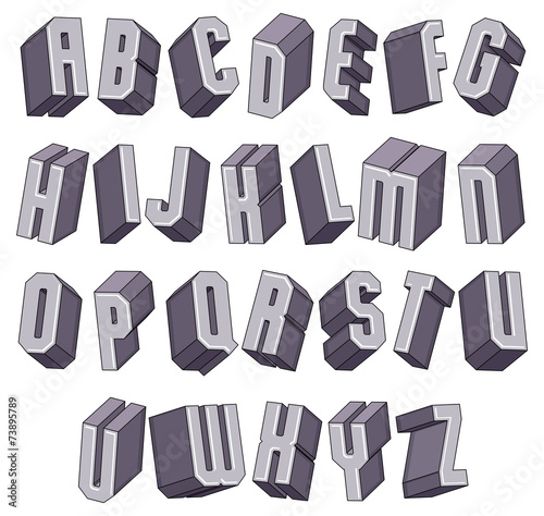 3d geometric bold font  monochrome dimensional alphabet.