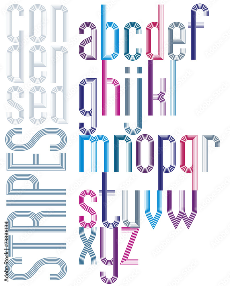 Poster retro ruffle font with stripes, colorful condensed lowerc Poster retro ruffle font with stripes, colorful condensed lowerc