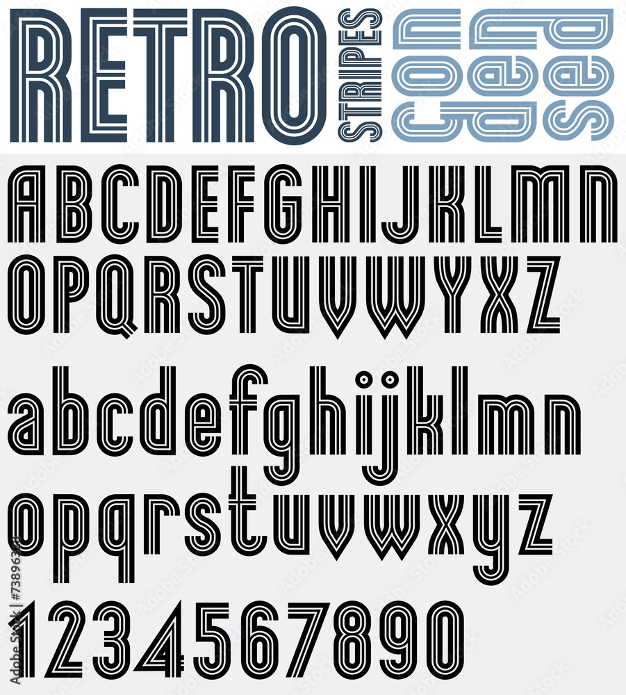 Fototapeta premium Retro striped black and white font and numbers with outline, bol