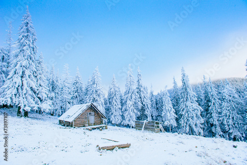 cabin in the mountains in winter