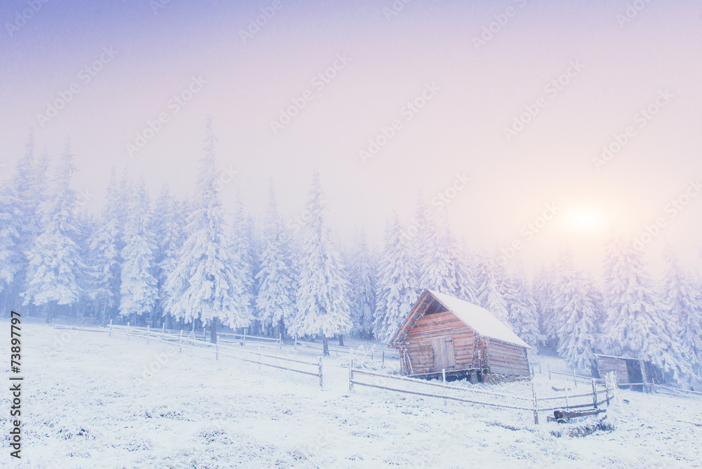 sunset in the winter mountains and fantastic chalet sunset in the winter mountains and fantastic chalet