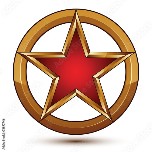 Refined vector red star emblem with golden borders, 3d pentagona photo