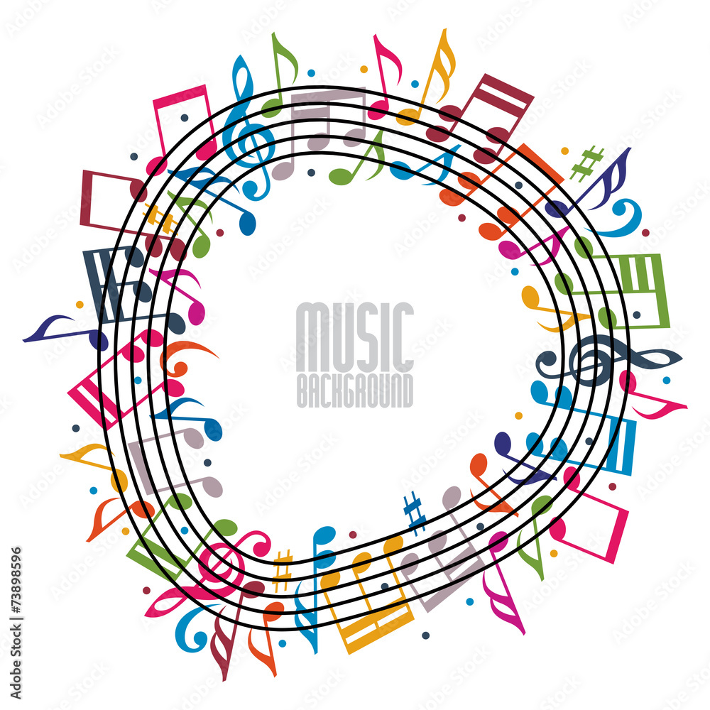 Colorful music background with clef and notes.