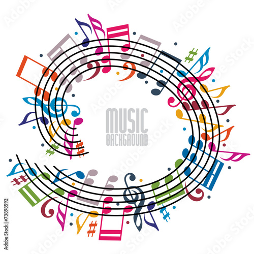 Colorful music background with clef and notes.