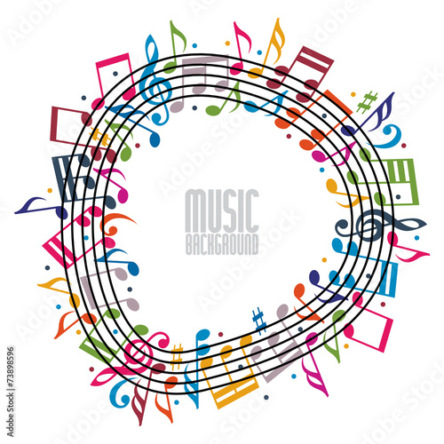 Colorful music background with clef and notes.