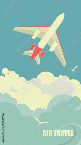 The plane flies against the sky