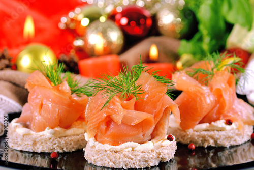 Holiday appetizer with salmon canapes