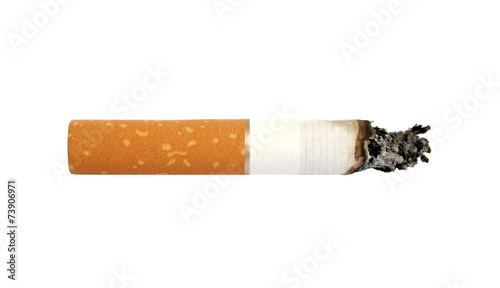 Cigarette butt with ash, isolated on white background