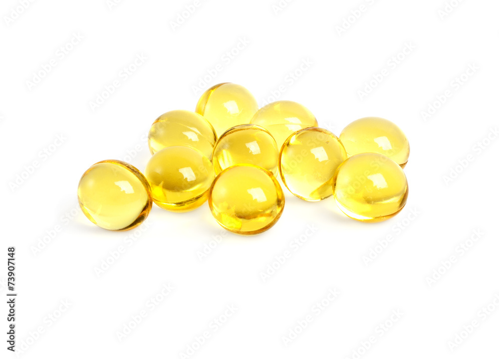 Cod liver oil omega 3 gel capsules on a white background Cod liver oil omega 3 gel capsules on a white background