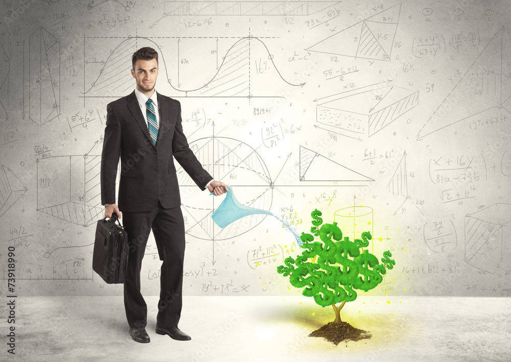 Business man watering a growing green dollar sign tree Business man watering a growing green dollar sign tree