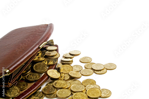 Brown leather wallet with coins on white background