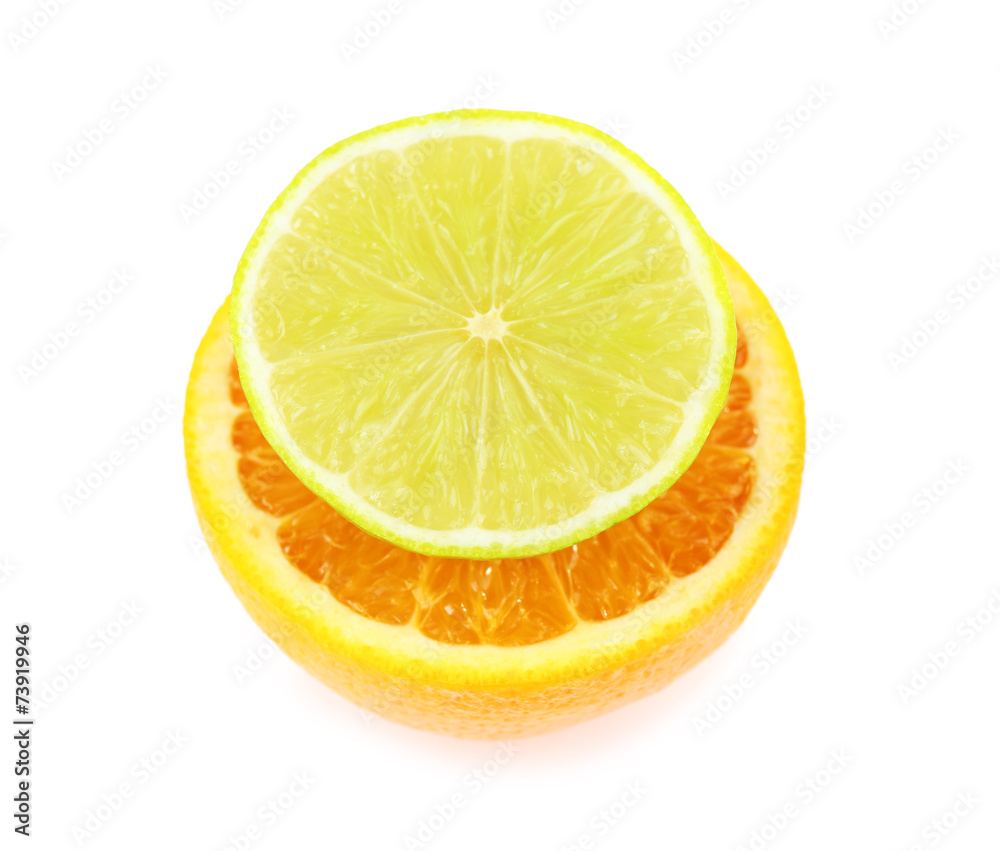 Fresh cut lime and orange isolated on white Fresh cut lime and orange isolated on white