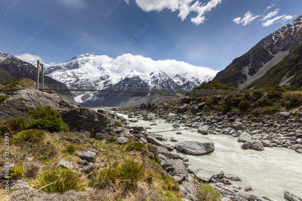 Bridge over Hooker River in Aoraki national park New Zealand