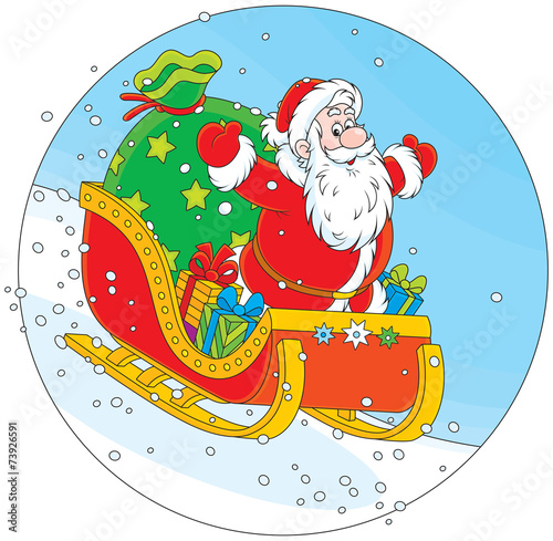 Santa Claus sleighing with Christmas gifts
