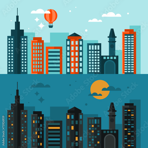Flat modern design of city skyline at day time and night time