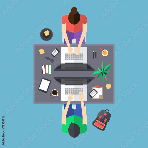 Flat modern design of office with people working on computer