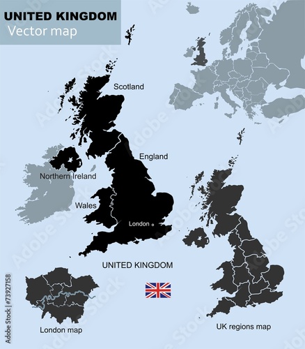 United Kingdom countries, UK regions and London vector map