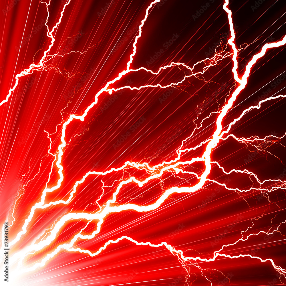 Electric flash of lightning on a red background - obrazy, fototapety, plakaty 